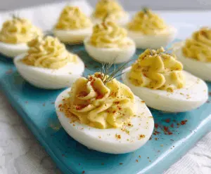 Creamy Boursin cheese deviled eggs garnished with fresh herbs for a gourmet appetizer.