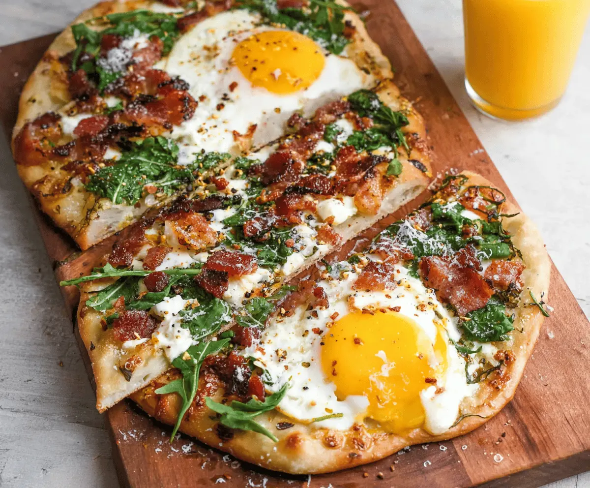Delicious breakfast flatbread topped with fresh vegetables and cheese