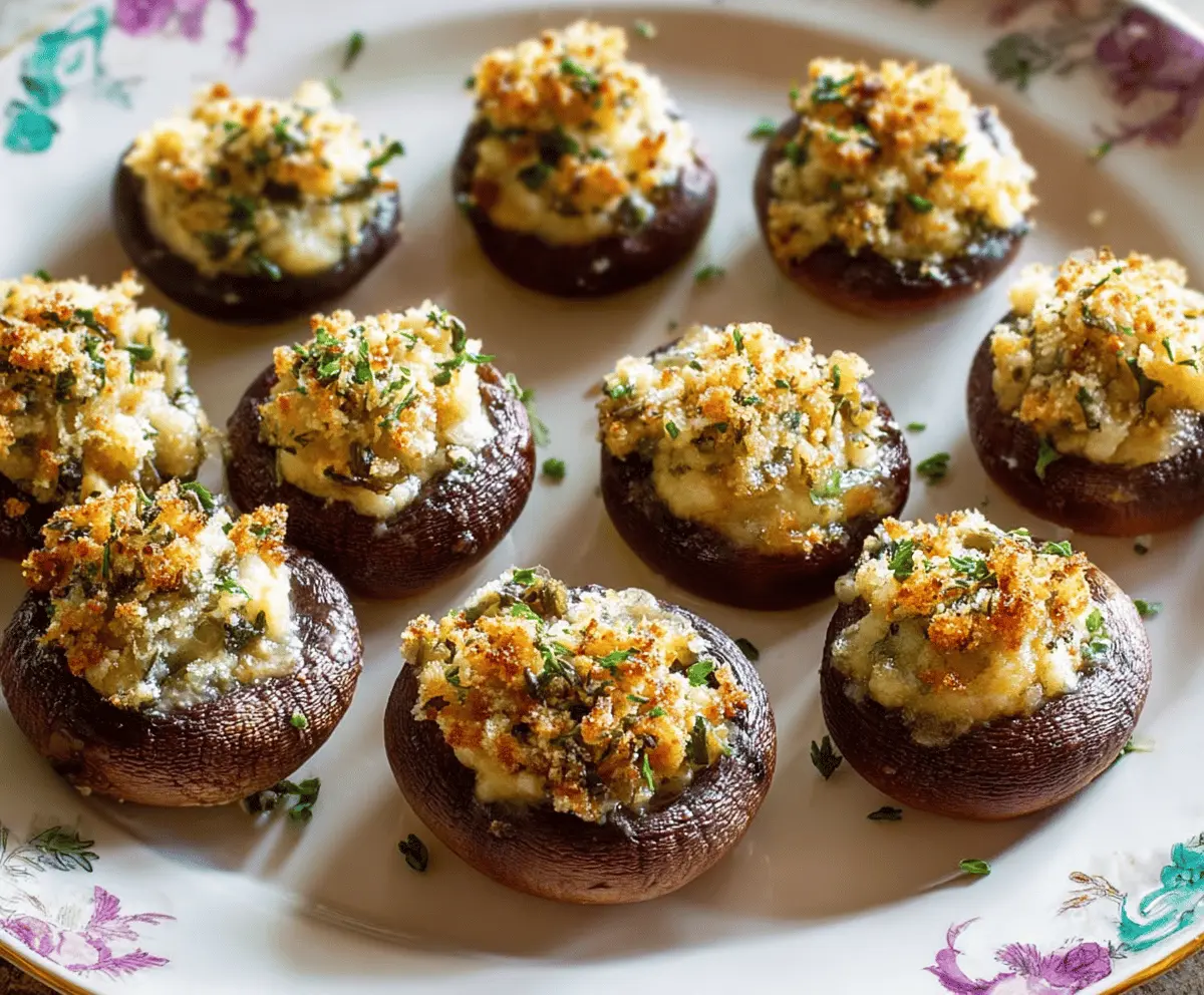 Delicious Brie stuffed mushrooms garnished with fresh herbs on a rustic plate.