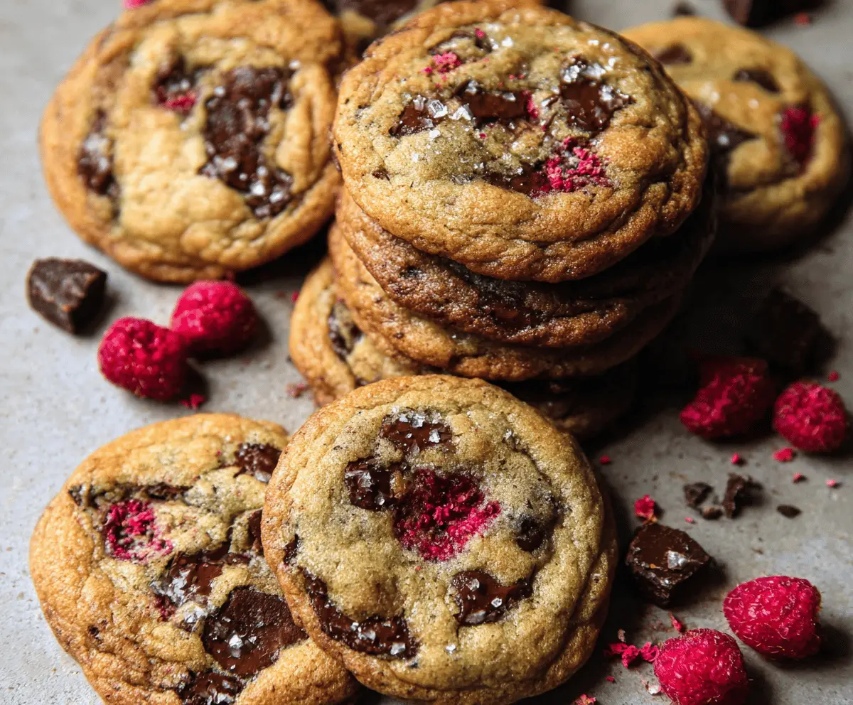 Delicious brown butter raspberry chocolate chip cookies on a baking tray.