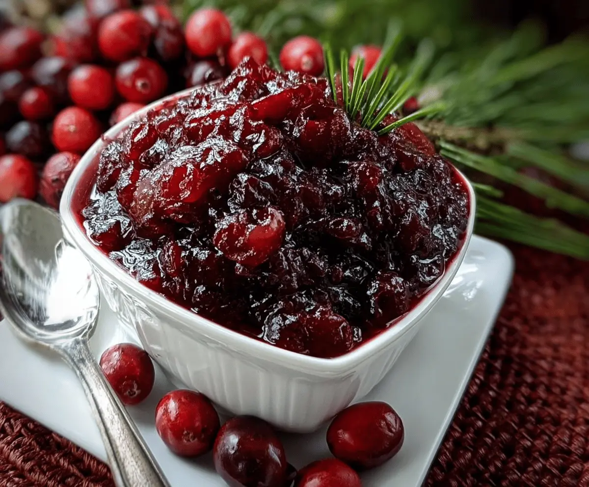 Close-up of a bubbling bowl of homemade brown sugar maple cranberry sauce garnished with fresh cranberries and mint.