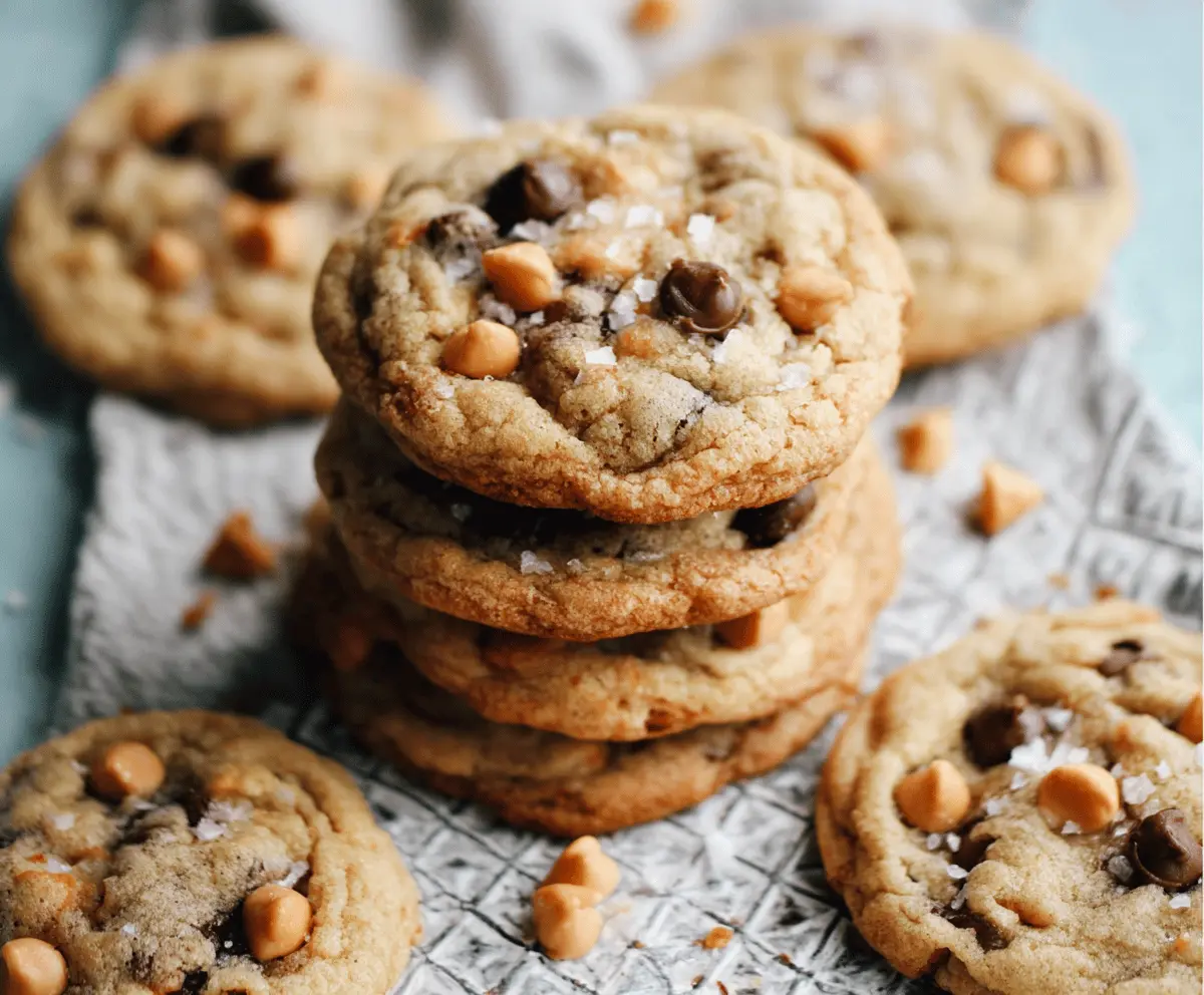 Delicious homemade butterscotch chocolate chip cookies on a baking tray, perfect for dessert lovers.
