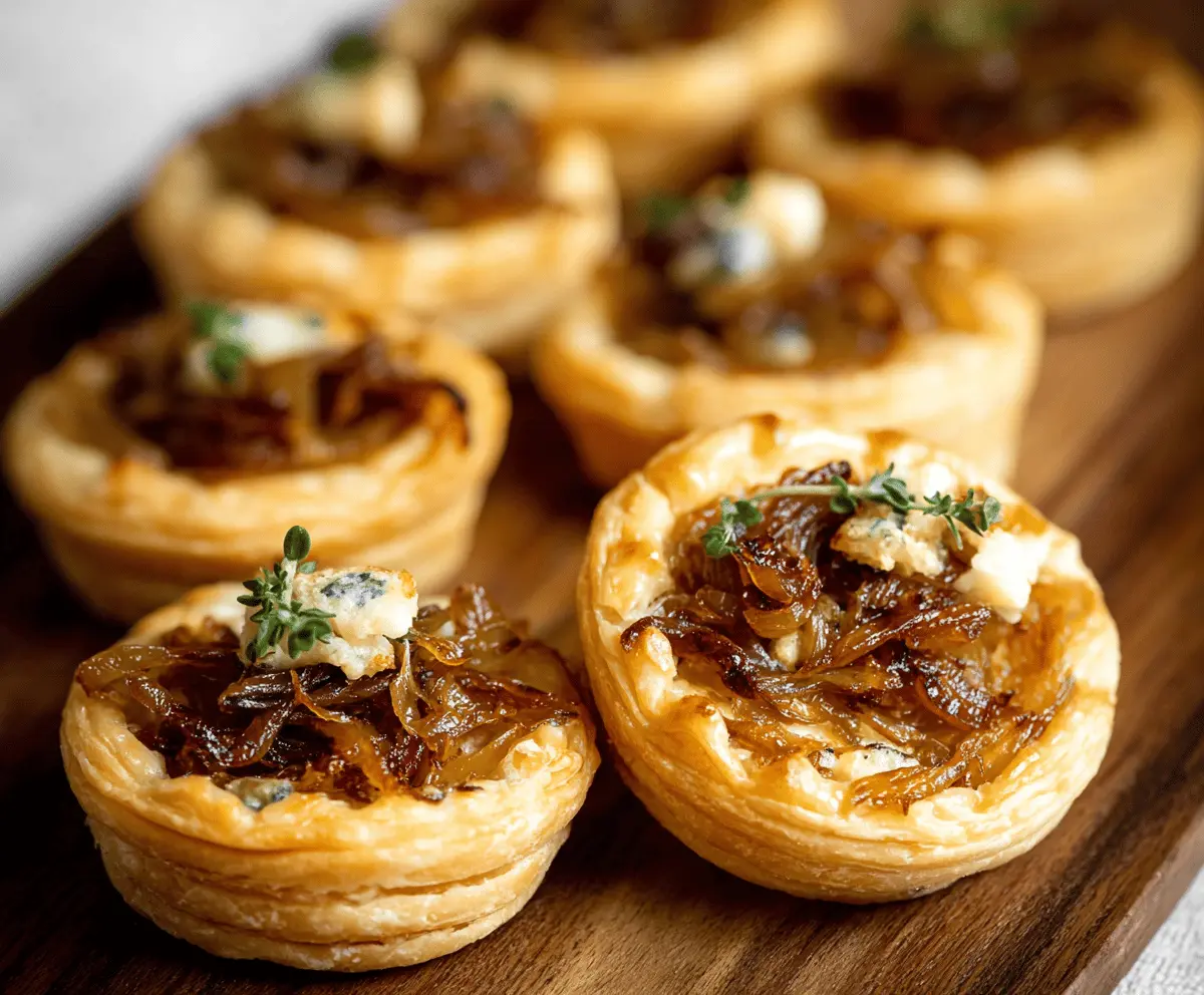 Golden caramelized onion tartlets with crispy pastry crust, perfect for appetizers or brunch.