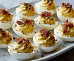 Delicious Carbonara Deviled Eggs garnished with herbs on a white plate.