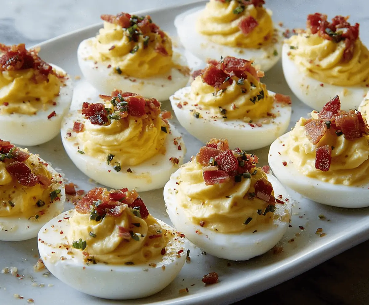 Delicious Carbonara Deviled Eggs garnished with herbs on a white plate.