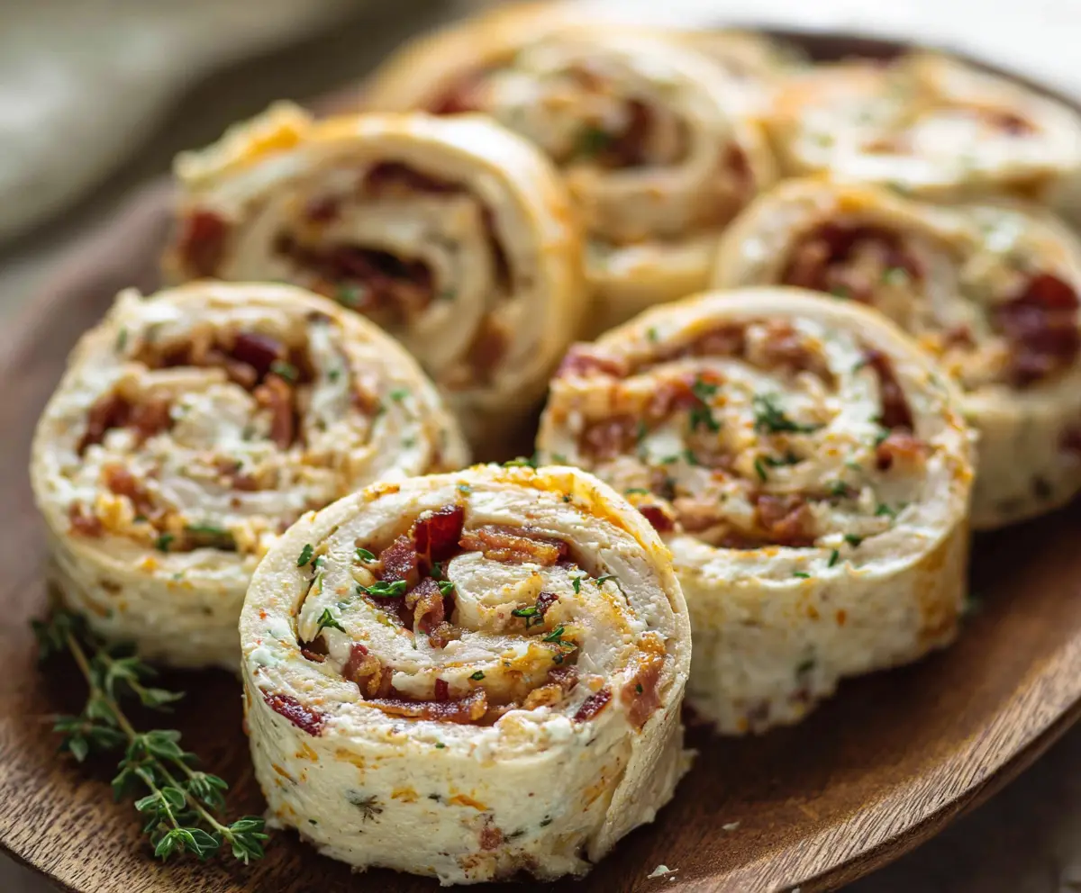 Delicious Chicken Bacon Ranch Pinwheels on a platter ready to serve