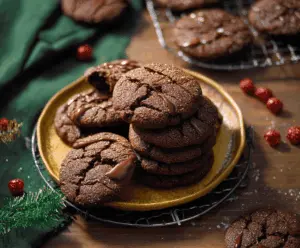 Homemade chocolate gingerbread cookies on a baking tray, decorated with festive icing and ginger spice details