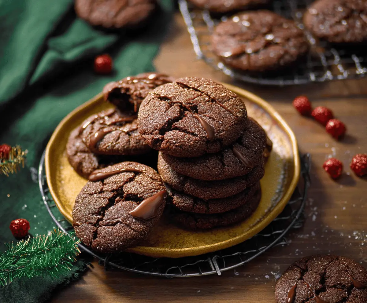 Homemade chocolate gingerbread cookies on a baking tray, decorated with festive icing and ginger spice details