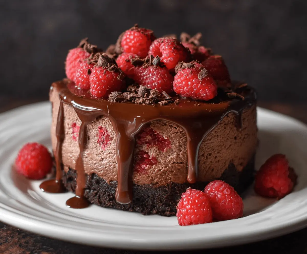Delicious Chocolate Raspberry Cheesecake with rich chocolate topping and fresh raspberry garnish