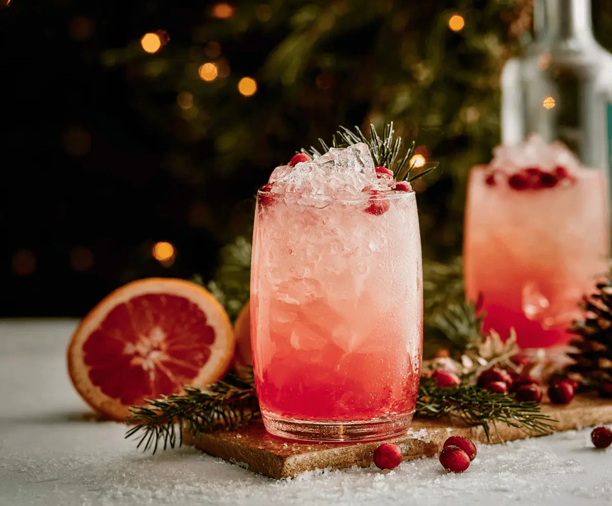 Festive Christmas Paloma cocktail garnished with a slice of lime and a cherry on a holiday-themed background.