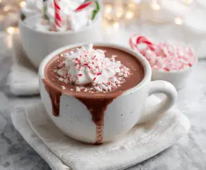 A cozy mug of Christmas Peppermint Hot Chocolate topped with whipped cream and crushed peppermint candies, perfect for the holiday season.
