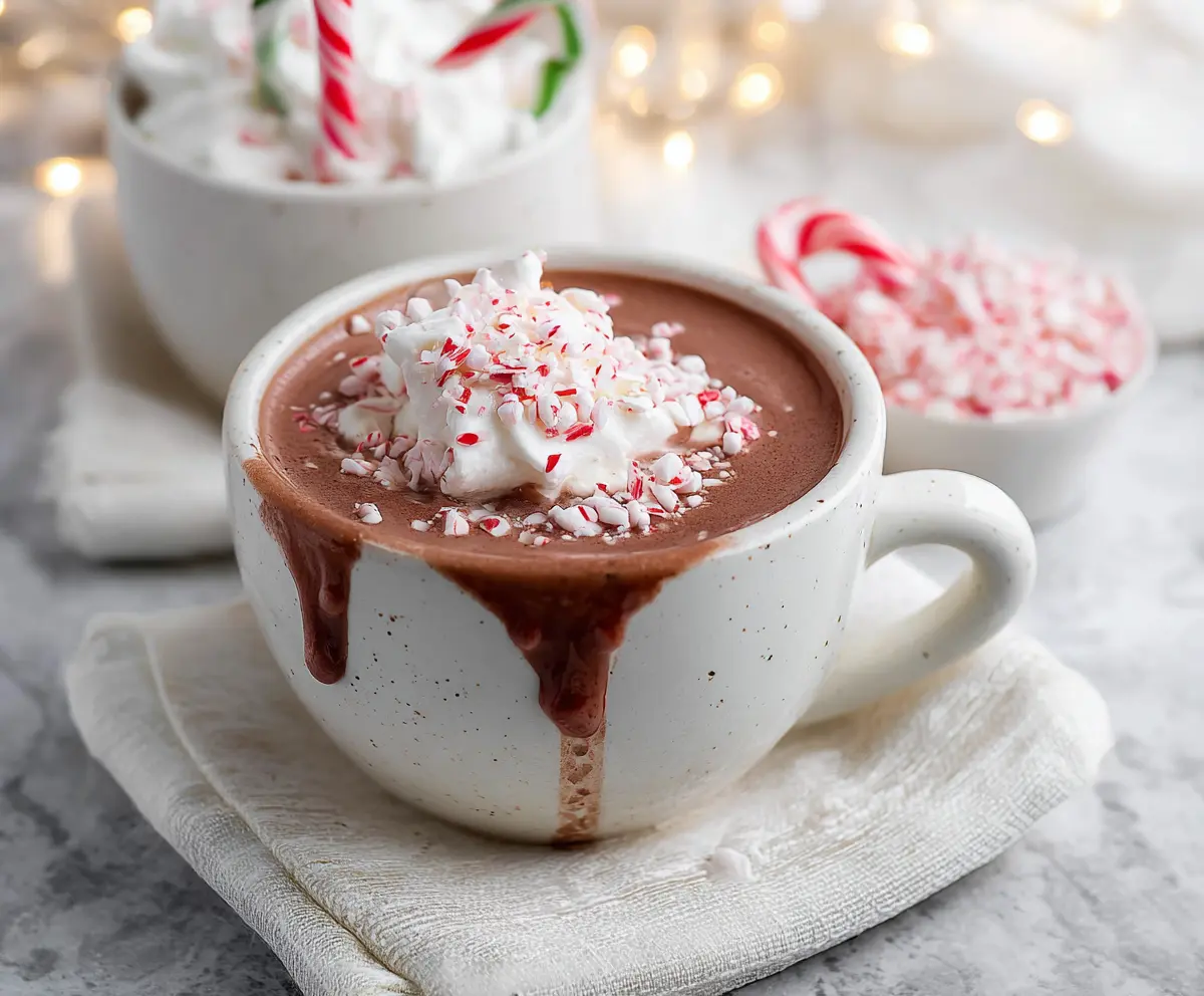 A cozy mug of Christmas Peppermint Hot Chocolate topped with whipped cream and crushed peppermint candies, perfect for the holiday season.