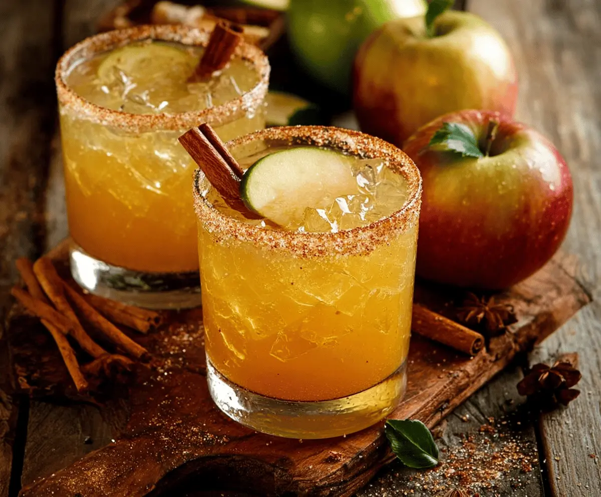 Refreshing Cinnamon Apple Cider Margarita garnished with cinnamon stick and apple slices.