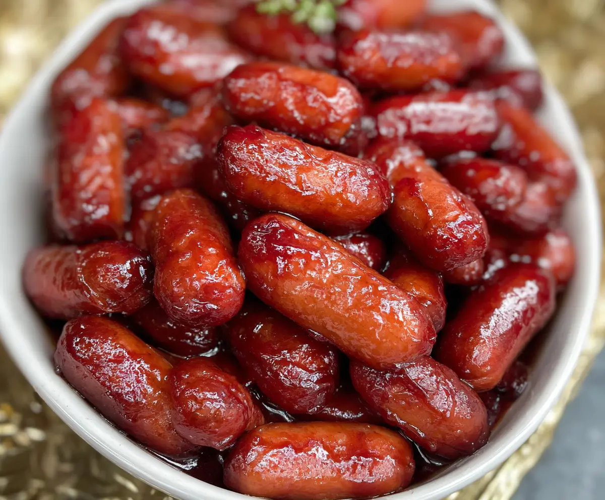 Savory Cranberry BBQ Little Smokies served on a platter with fresh herbs