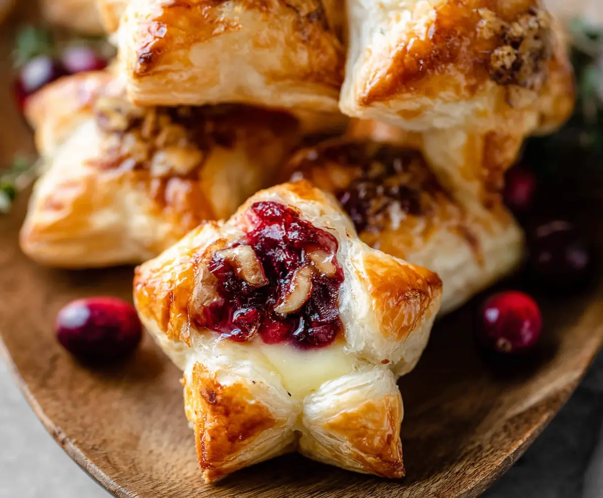Cranberry Brie Puff Pastry Stars served as a festive appetizer with melted cheese and cranberry filling.