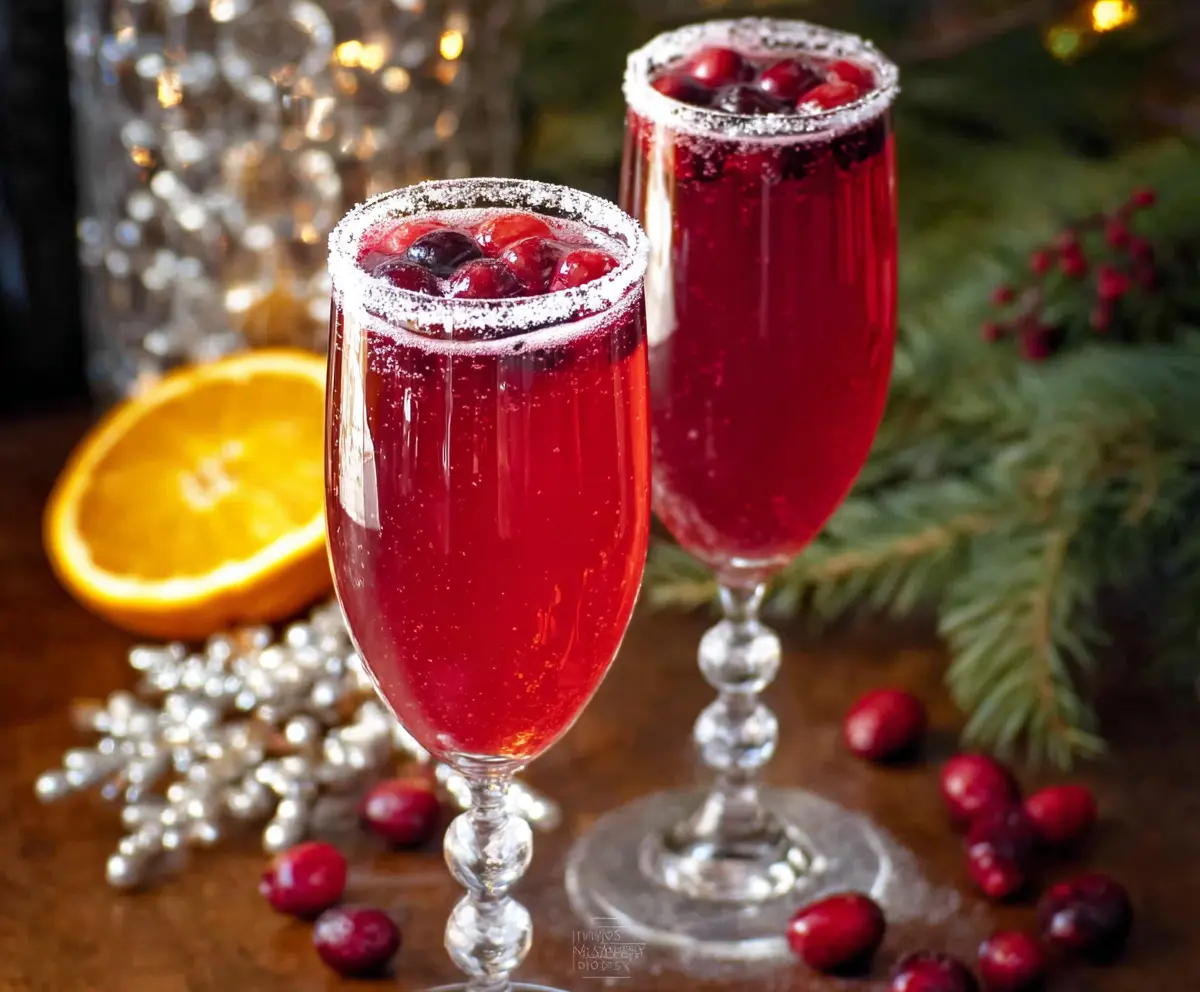 Festive Cranberry Christmas Mimosa cocktail garnished with fresh cranberries and orange slices for holiday celebration.