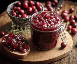 Vibrant homemade cranberry chutney served in a bowl, perfect for holiday meals.