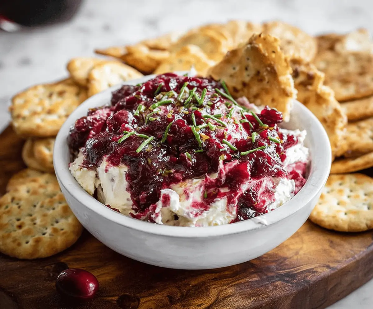 Creamy cranberry and cream cheese dip served with crackers, perfect for holiday gatherings.