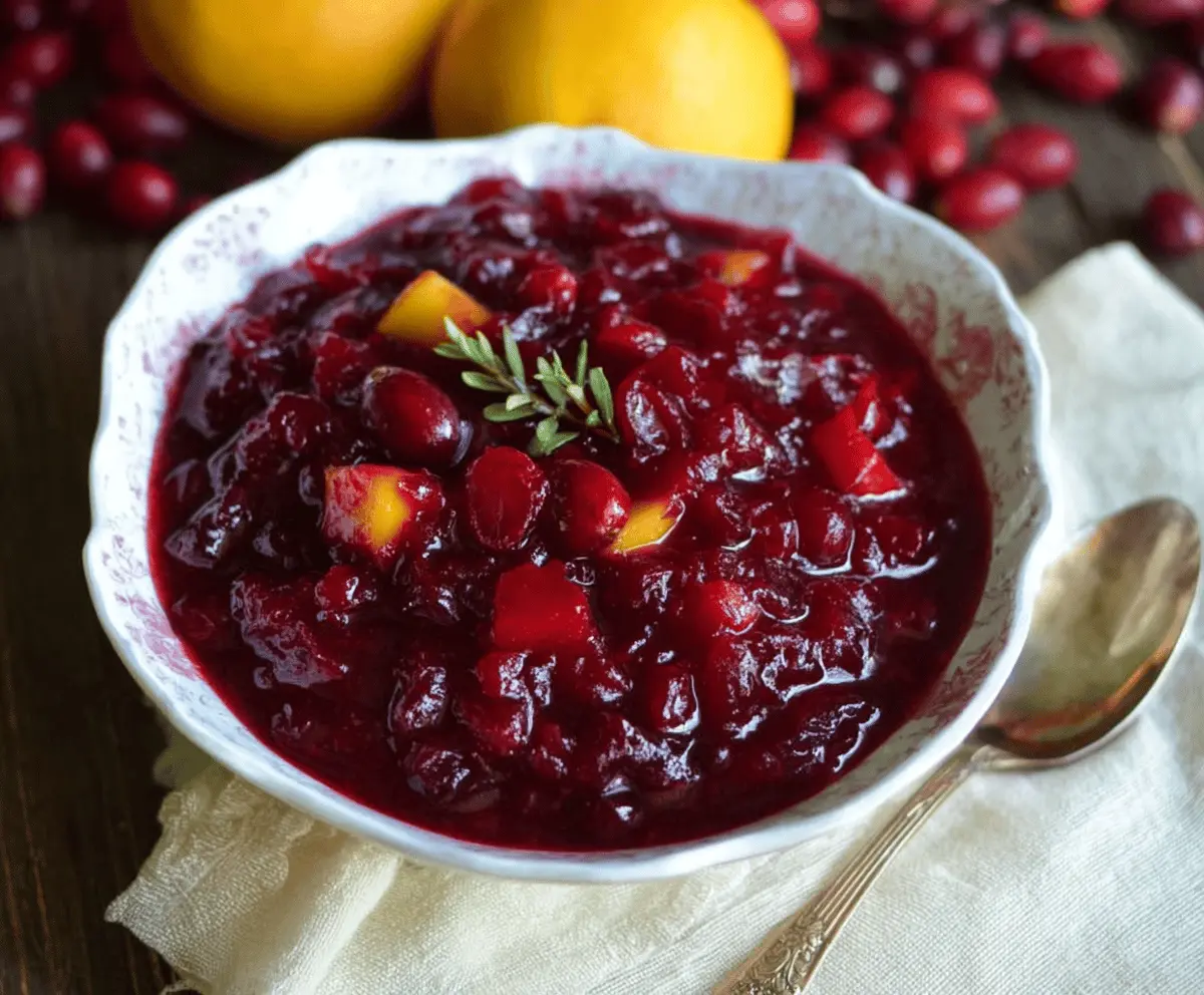 Vibrant cranberry mango sauce in a glass bowl for festive dishes
