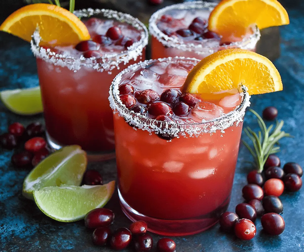 Refreshing cranberry orange margarita cocktail garnished with fresh orange slice and cranberries.
