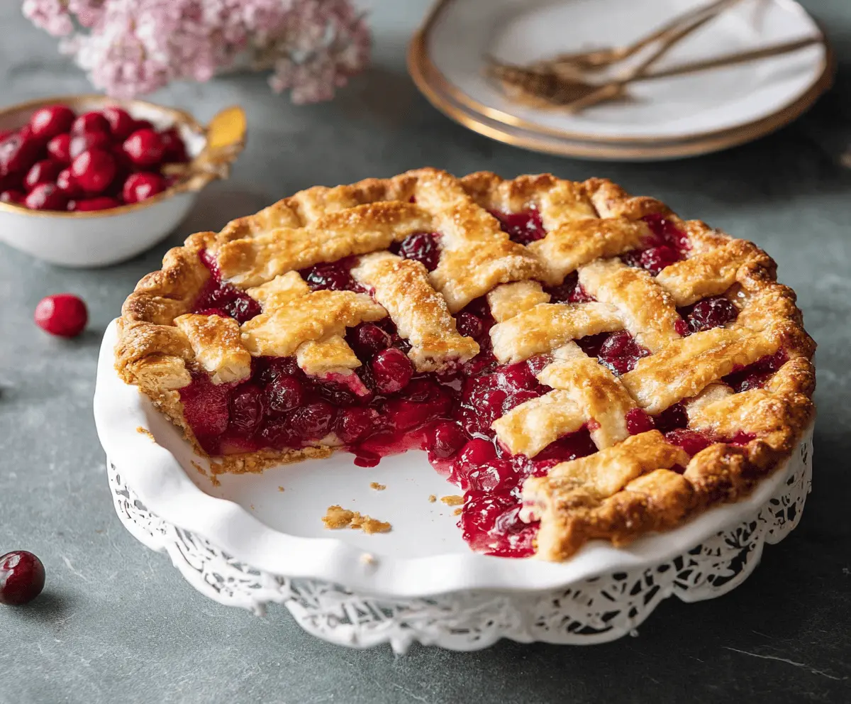 Delicious homemade cranberry pie with a golden crust and vibrant red filling, perfect for the holiday season.