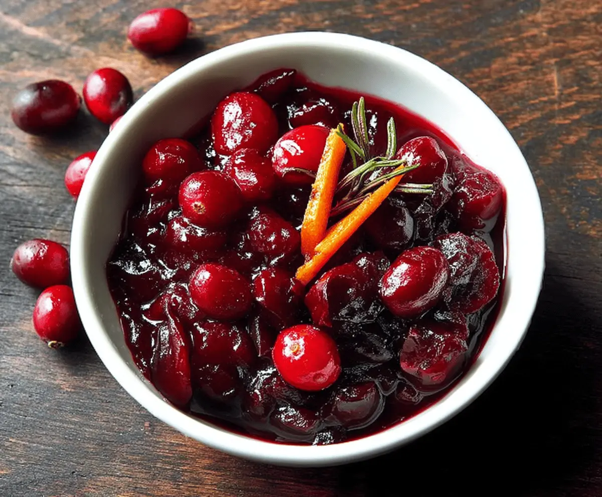 Delicious Cranberry Red Wine Sauce served in a bowl, perfect for holiday dinners and festive meals.