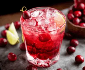 Refreshing cranberry vodka cocktail served in a glass with fresh cranberries and mint garnish.