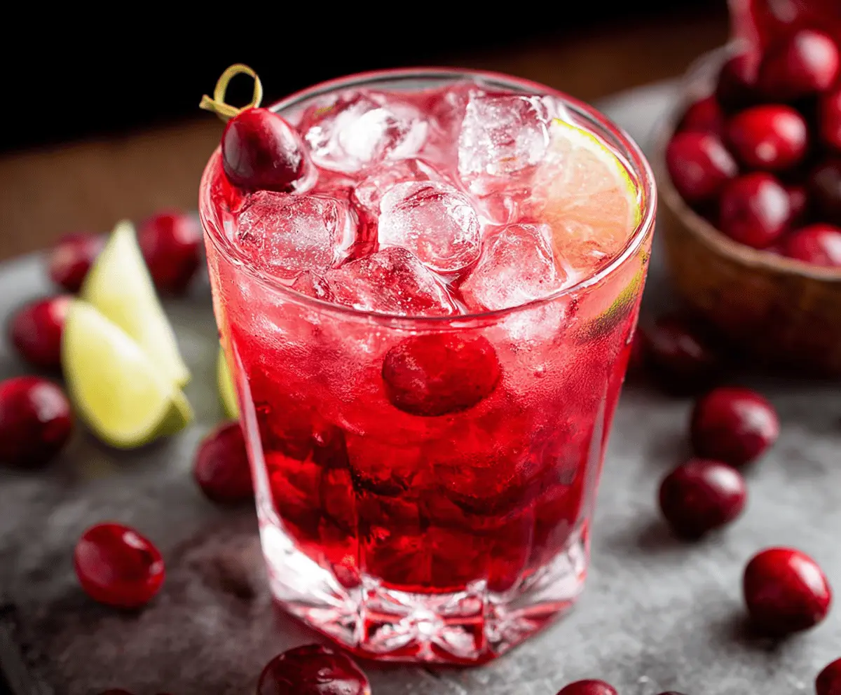 Refreshing cranberry vodka cocktail served in a glass with fresh cranberries and mint garnish.