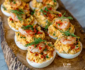 Delicious Crawfish Deviled Eggs garnished with herbs on a white plate