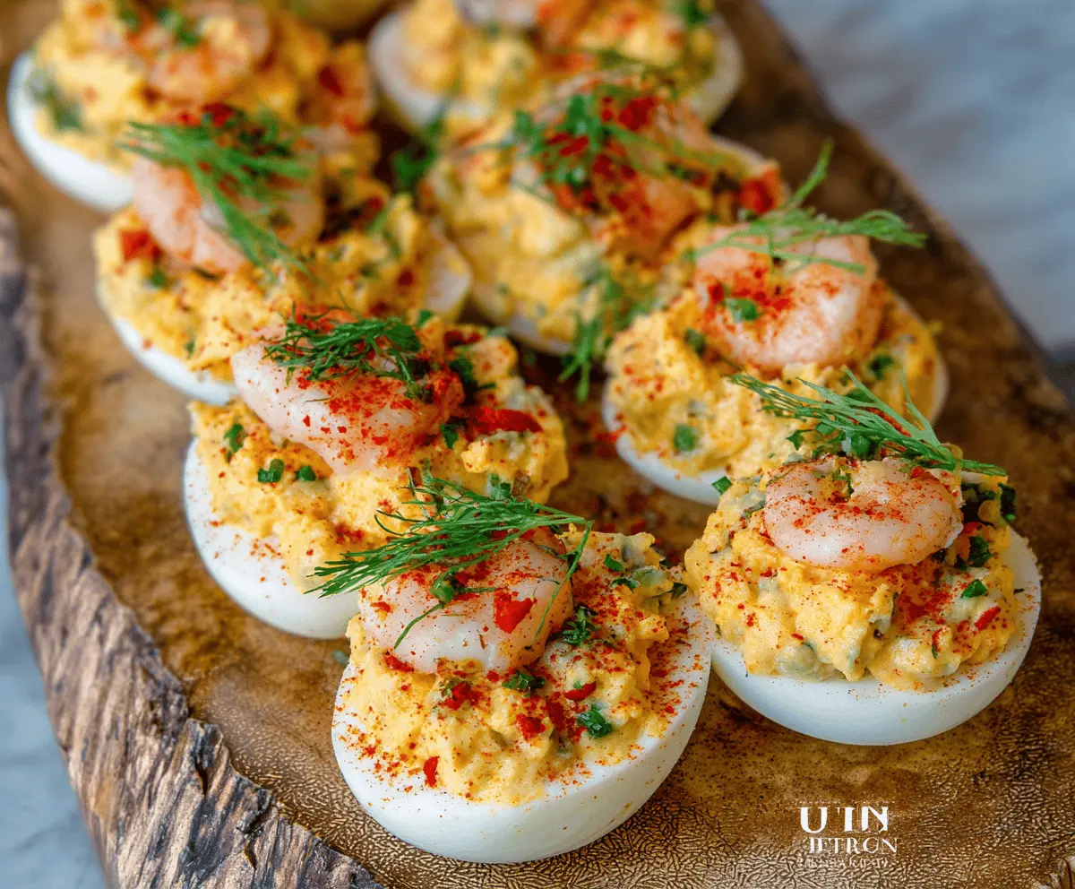 Delicious Crawfish Deviled Eggs garnished with herbs on a white plate