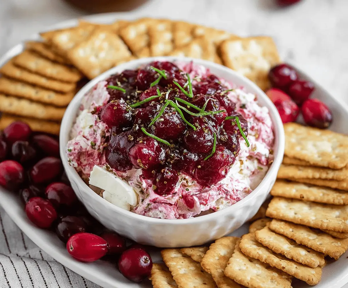 Cream Cheese Cranberry Dip served with fresh fruit and crackers for holiday snacking.