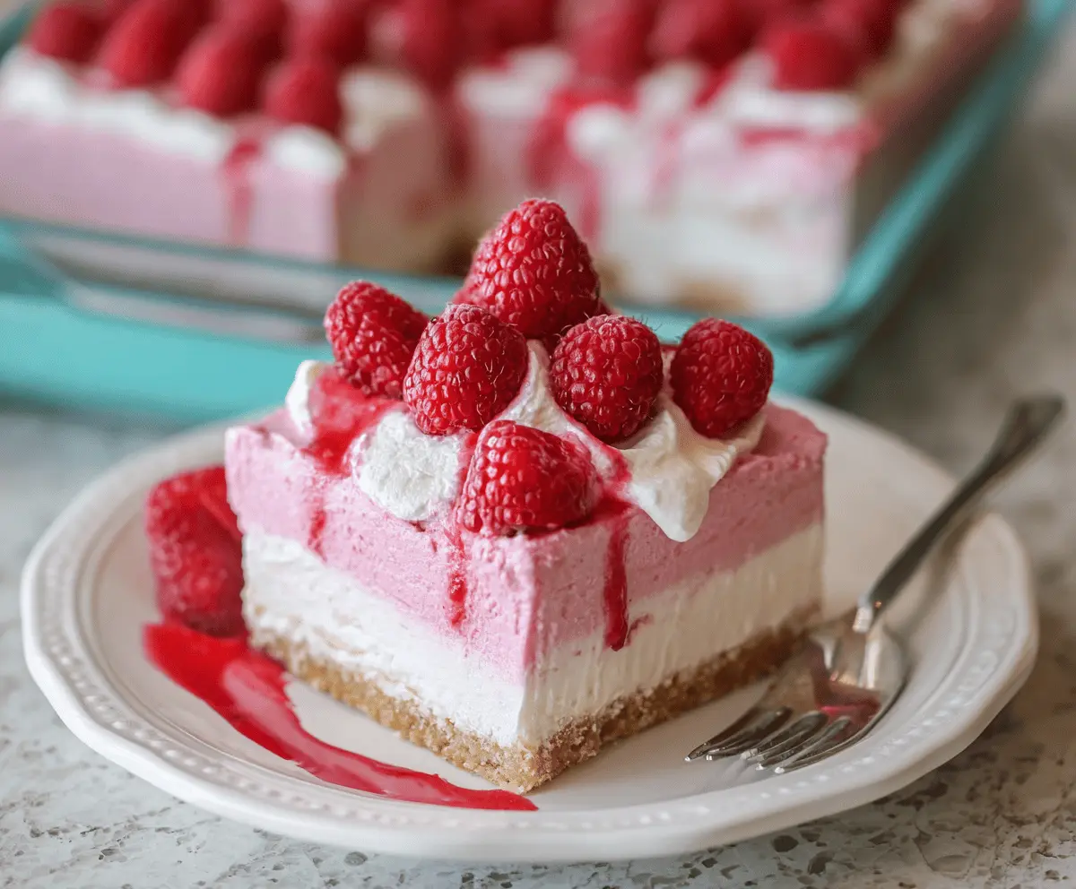 Delicious creamy raspberry pretzel dessert with fresh raspberries and a crunchy pretzel crust