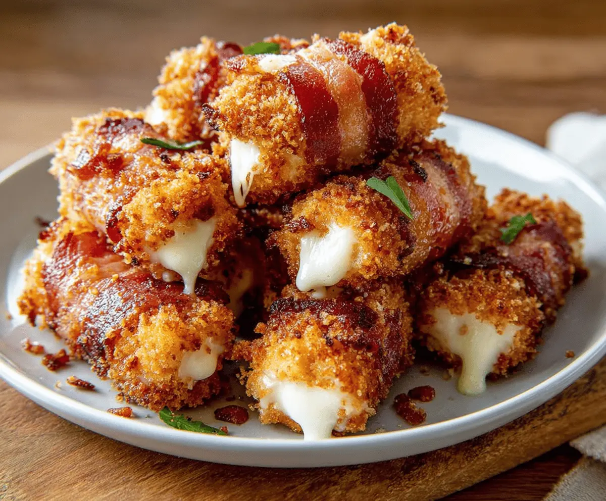 Delicious crispy bacon mozzarella poppers served hot with melted cheese and crispy bacon topping.