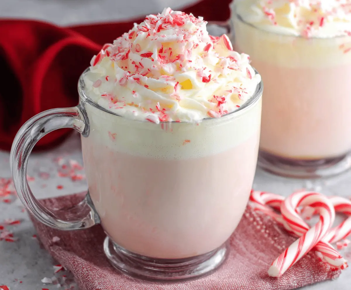Creamy Crockpot Candy Cane White Hot Chocolate in a mug with whipped cream and crushed candy canes