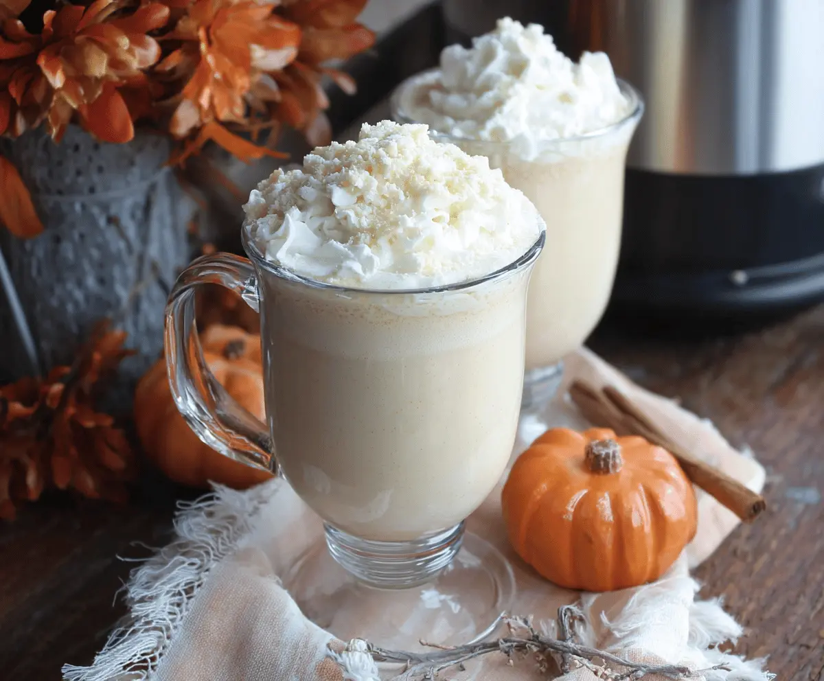 Creamy Crockpot Pumpkin Pie White Hot Chocolate topped with whipped cream and cinnamon in a cozy mug.