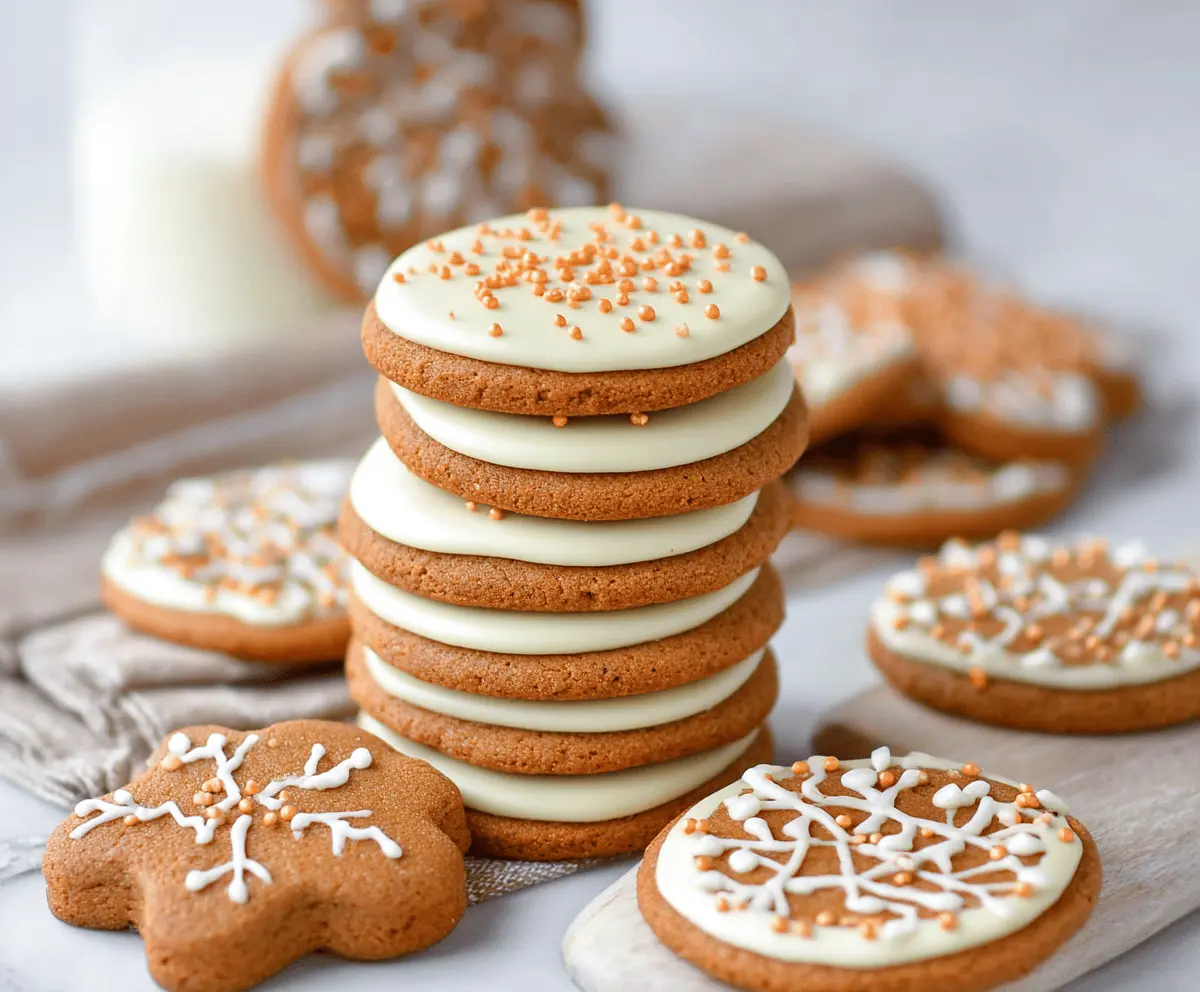 Eggnog iced gingerbread cookies decorated with festive icing and sprinkles.