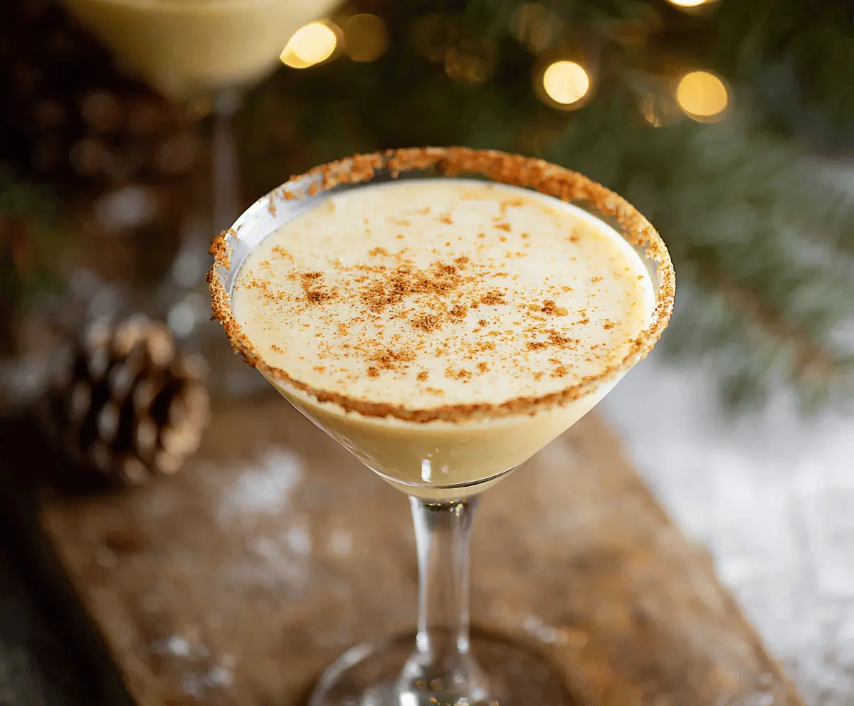 Creamy Eggnog Martini in a elegant glass garnished with nutmeg, perfect for holiday celebrations
