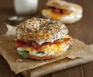 Delicious everything bagel breakfast sandwich with eggs, cheese, and bacon on a plate.
