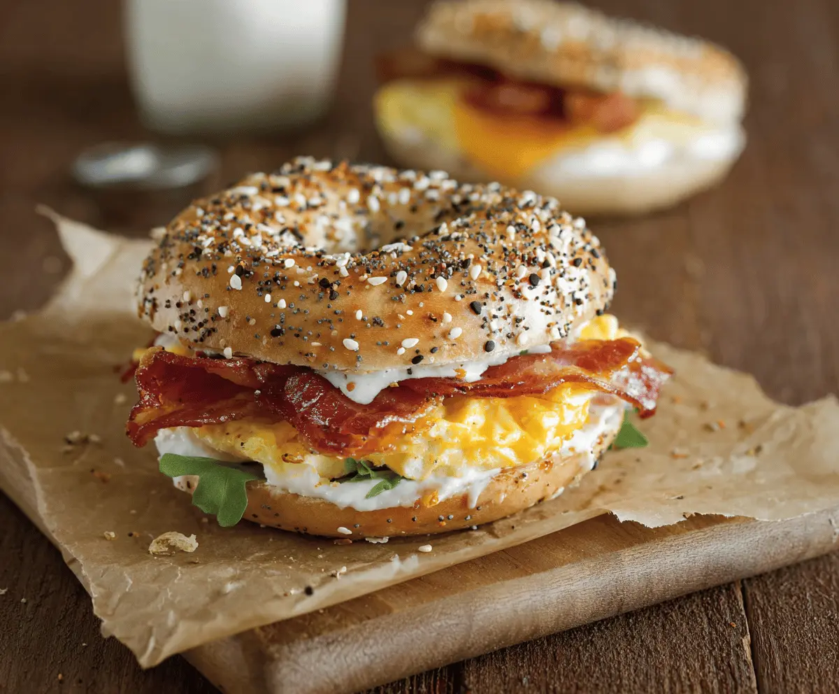 Delicious everything bagel breakfast sandwich with eggs, cheese, and bacon on a plate.