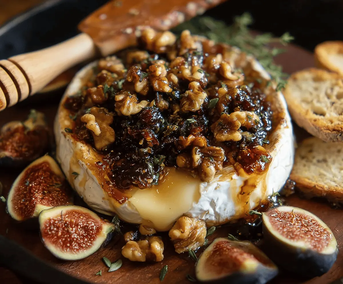 Delicious Fig Walnut Baked Brie cheese appetizer with fresh figs, walnuts, and melted cheese on a rustic board.