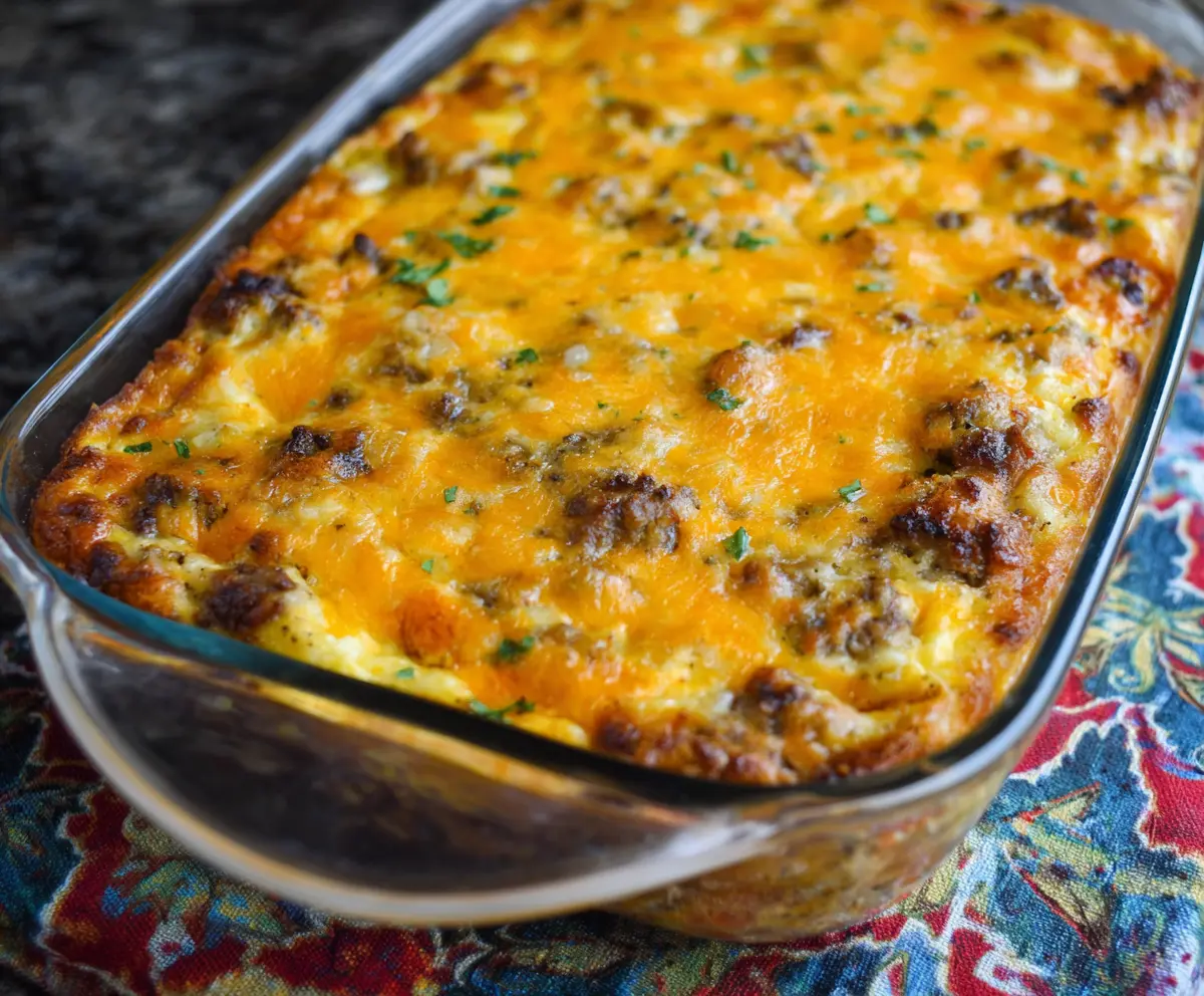Delicious Firemans Breakfast Casserole featuring eggs, cheese, sausage, and bread baked to perfection.