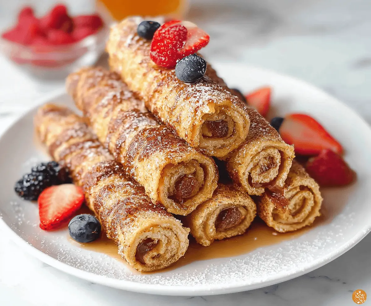 Delicious French Toast Roll Ups filled with cream cheese and fruit, garnished with powdered sugar on a white plate.