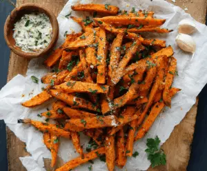 Crispy garlic sweet potato fries served with herbs on a white plate