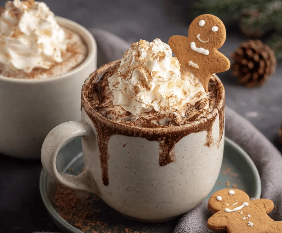 A cozy mug of gingerbread hot chocolate topped with whipped cream and a sprinkle of cinnamon.
