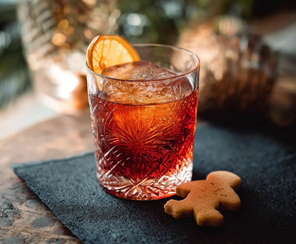 A festive Gingerbread Negroni cocktail garnished with gingerbread cookies and orange peel.