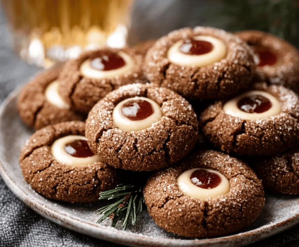 Delicious gingerbread thumbprint cookies garnished with sprinkles, perfect for holiday treats.