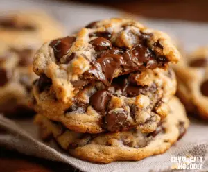 Delicious gooey chocolate chip cookies fresh out of the oven, showing melted chocolate chips and chewy texture.