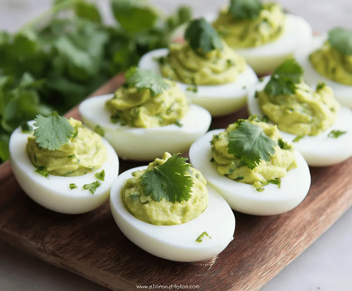 Creamy guacamole stuffed deviled eggs garnished with fresh herbs, perfect for appetizers or parties.