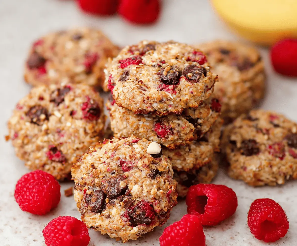 Healthy raspberry cookies on a white plate with fresh raspberries and mint garnish.
