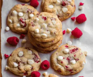 Delicious homemade white chocolate raspberry cheesecake cookies on a plate showcasing their creamy filling and vibrant raspberry topping